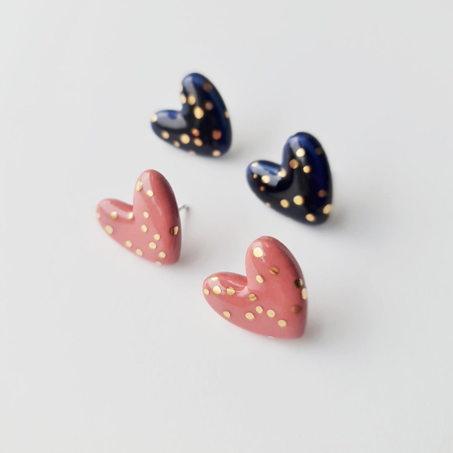 Dotted Porcelain Heart Studs - Pink